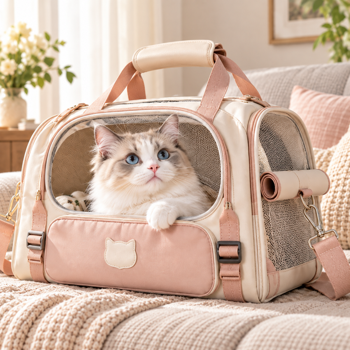 Premium Cream & Pink Cat Carrier Shoulder Bag
