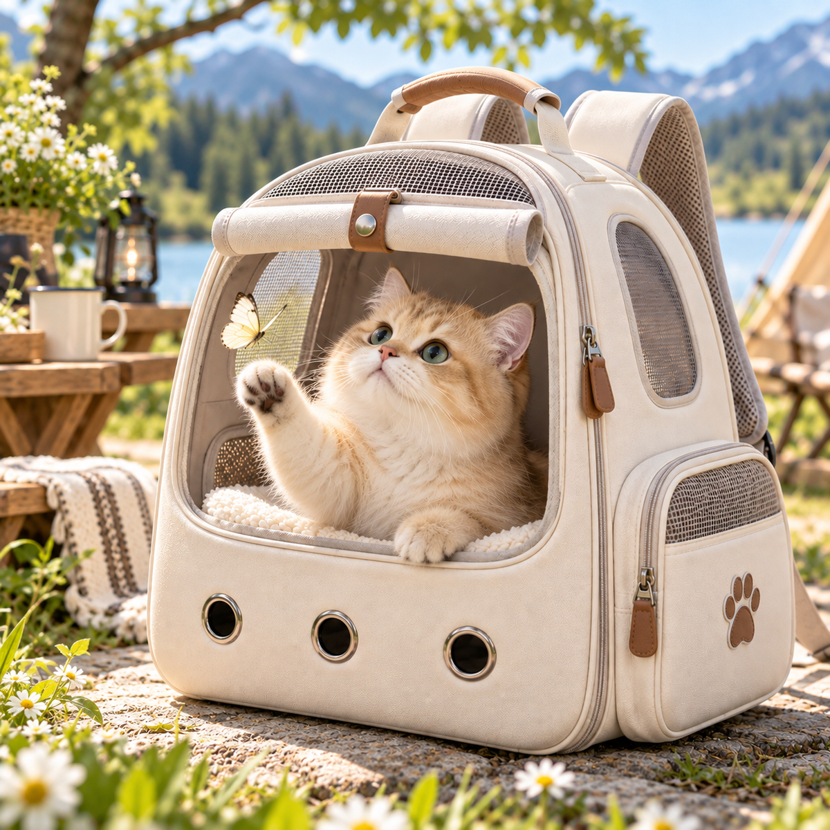Premium Cream Roll-Up Window Cat Carrier Backpack