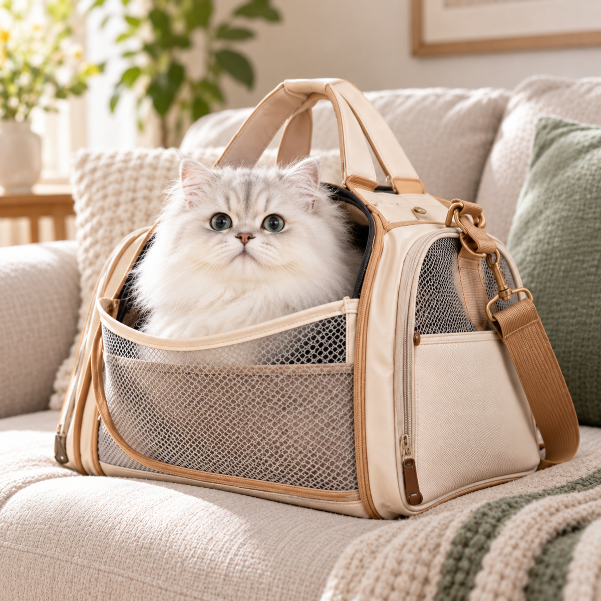 Premium Beige Breathable Cat Carrier Shoulder Bag