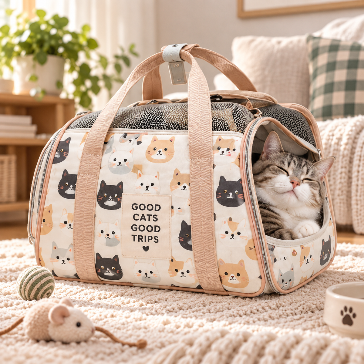 Cute Cartoon Cat Print Carrier Travel Bag